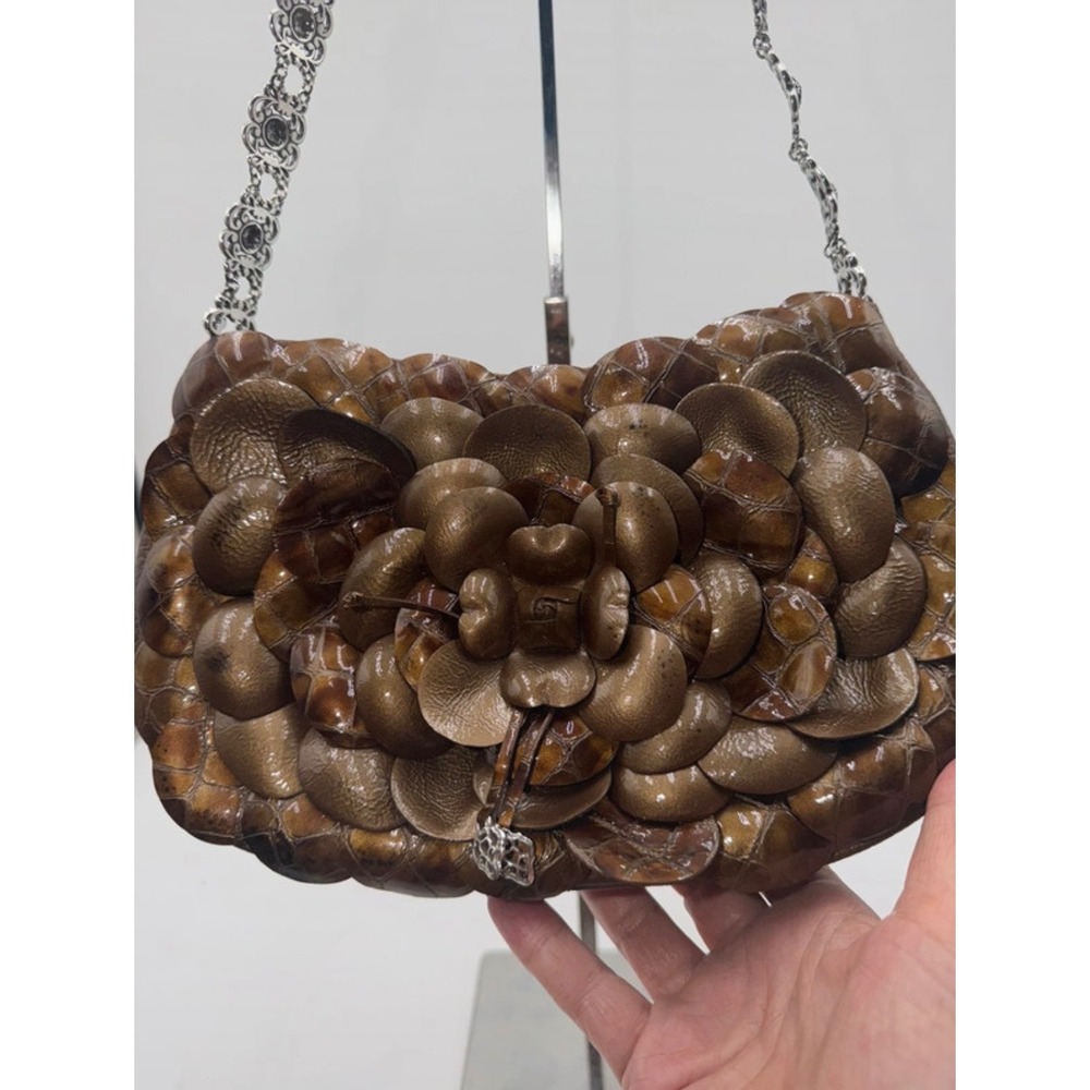 Brighton Bronze Metallic Leather Floral Petal Shoulder Bag E063057 Silver Chain